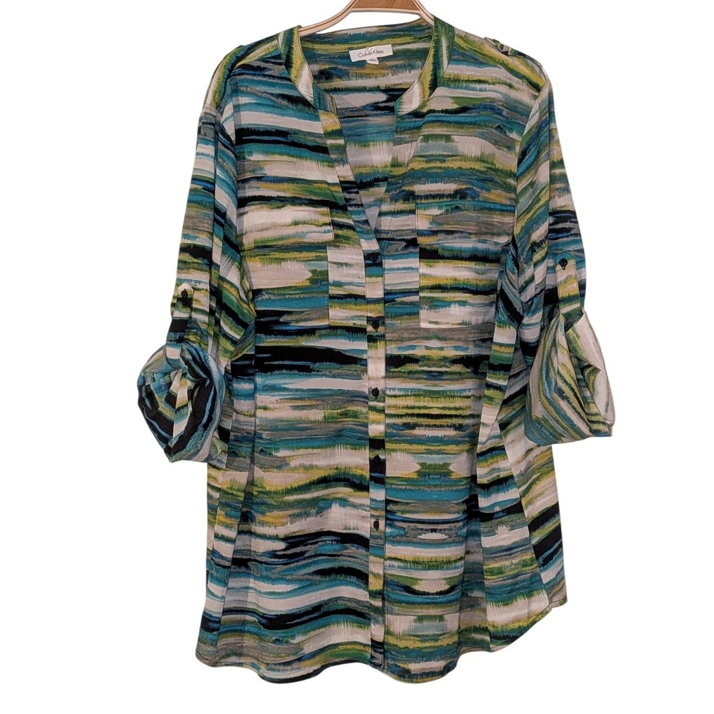 Calvin Klein 1X Abstract Brushstroke Roll Tab Sleeve Tunic Blouse NWOT